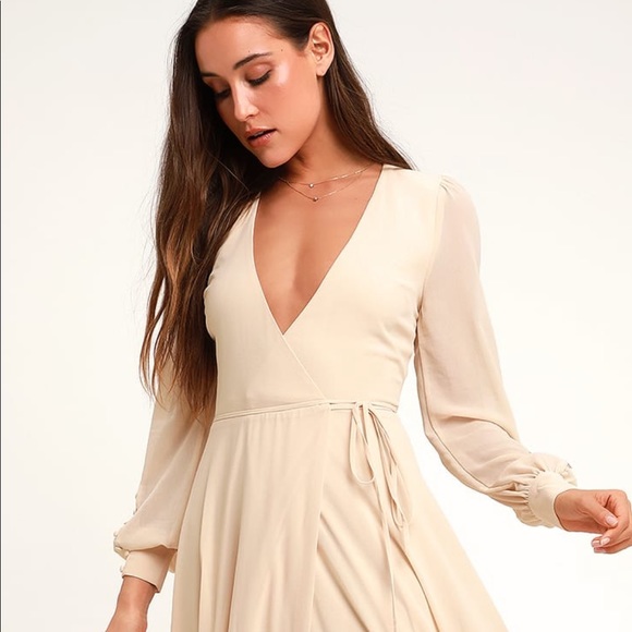 cream wrap dress with sleeves
